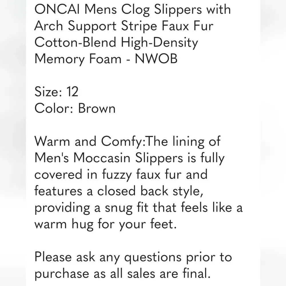ONCAI Mens Clog Slippers with Arch Support Stripe Faux Fur - NWOB